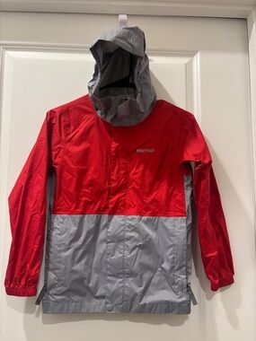 Marmot Red and Gray Colorblock Hooded Rain Shell